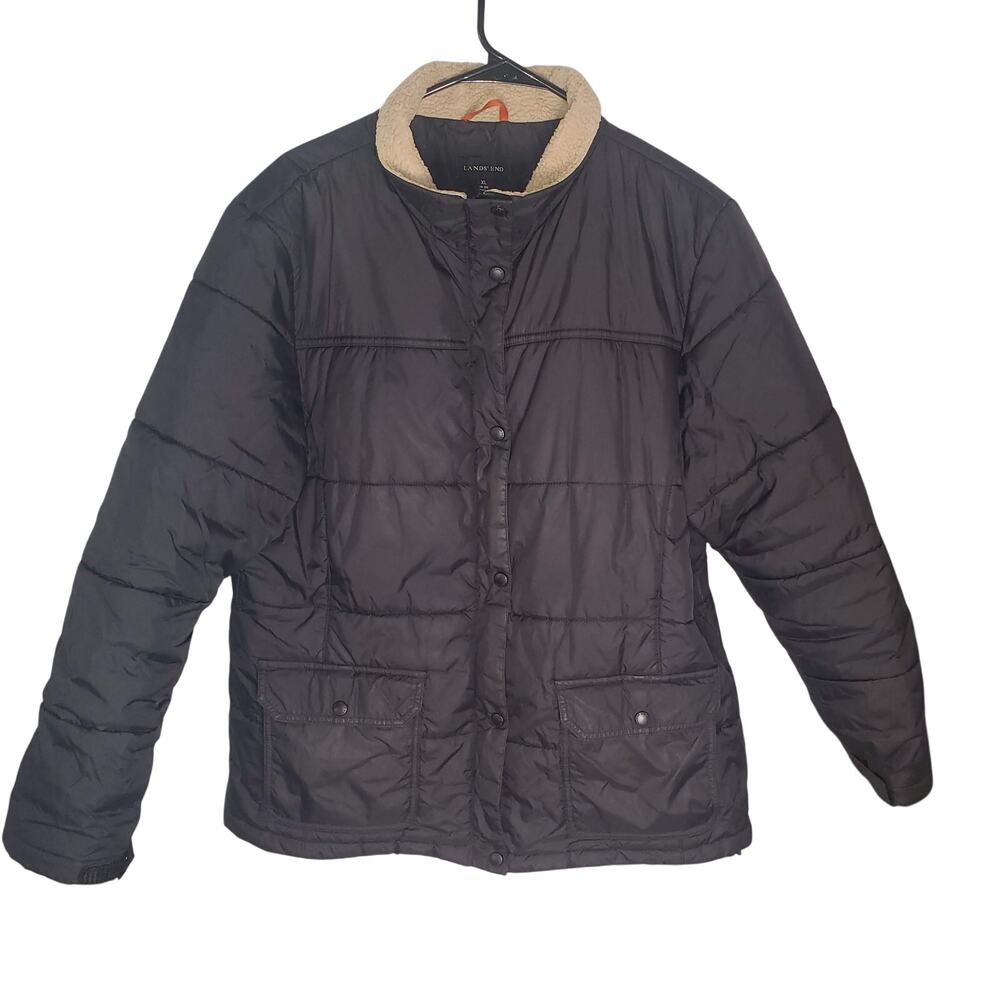 Lands End Puffer Coat Women's XL 18-20 Black Sherpa Collar Winter Jacket